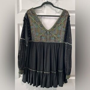 Free People Gray Boho Embroidered Tunic Blouse M Peasant Tiered Balloon Sleeve